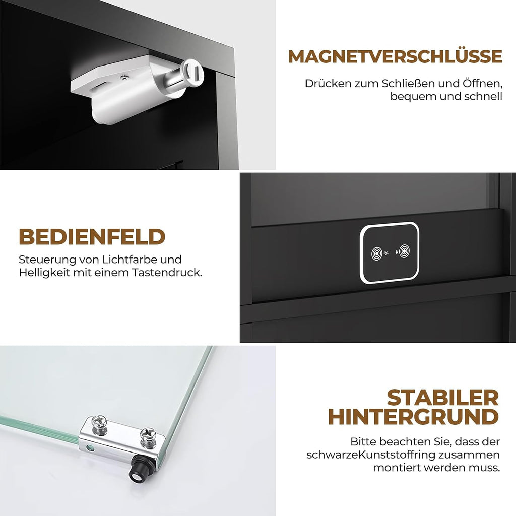 BROTTAR Glasvitrine mit Dreifarbig LED Beleuchtung und Glastüren, Glasvitrine Stehend mit Körpersensor-System, Sammlervitrine für Wohnzimmer, Büro