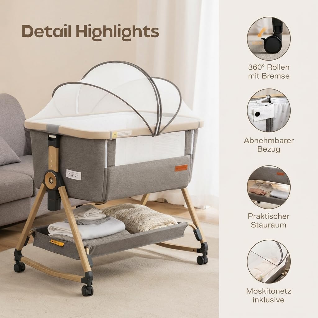 Maydolly 3-in-1 Beistellbett Baby Grau mit Matratze, höhenverstellbares Babybett mit Rollen & Moskitonetz