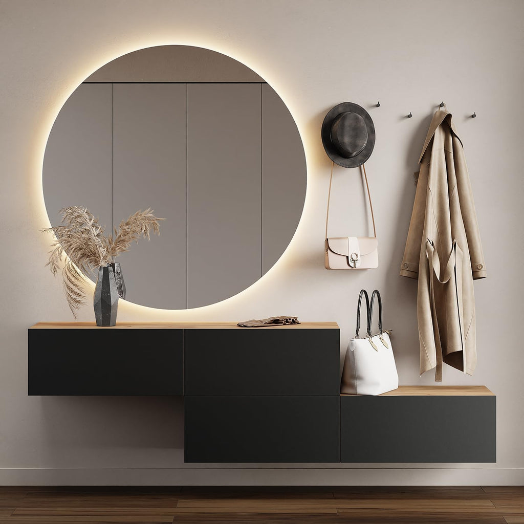 Planetmöbel Garderobe Flur mit Stauraum, Wandgarderobe mit 2 Klappen, Dielenschrank aus Holzwerkstoff Gold Eiche/Anthrazit