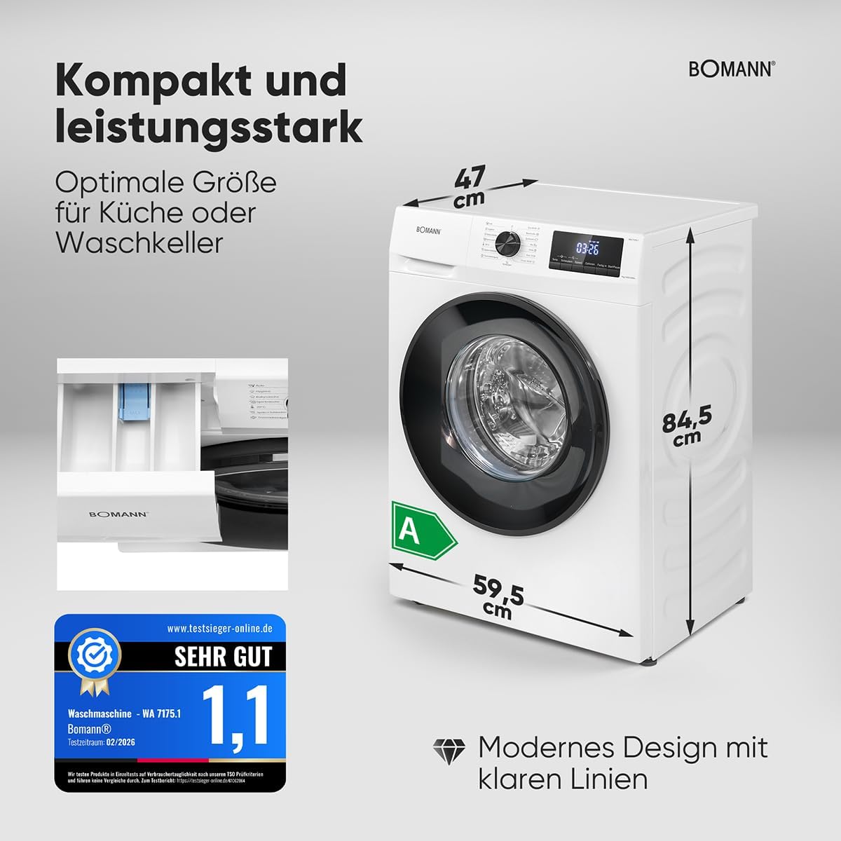 Bomann® Waschmaschine 7kg | max. 1400 U/min | 10 Jahre Motor-Garantie | effizienter, leiser & langlebiger Invertermotor | 15 Programme |