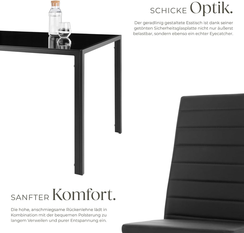 tectake Essgruppe Set Tisch und Stühle, Esstisch und 4X Stuhl, strapazierfähiges Kunstleder, Tischplatte aus Sicherheitsglas, Küchenstühle modern