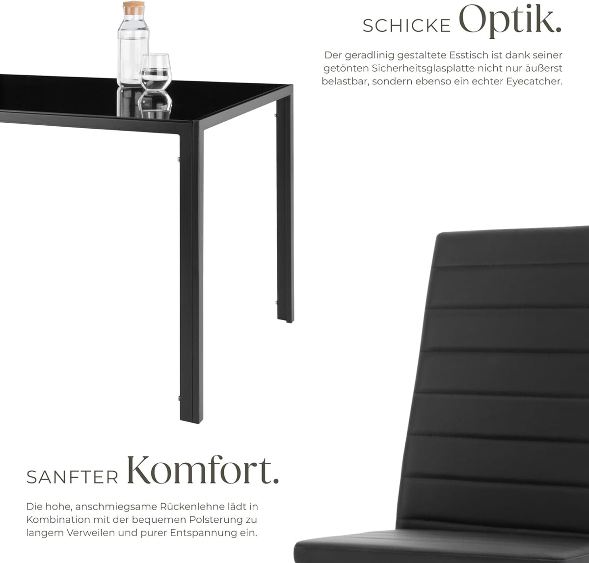 tectake Essgruppe Set Tisch und Stühle, Esstisch und 4X Stuhl, strapazierfähiges Kunstleder, Tischplatte aus Sicherheitsglas, Küchenstühle modern