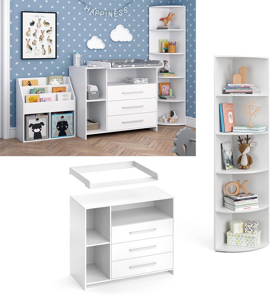 Vicco Oskar Kinderzimmer Set 2-teilig mit Wickelkommode & Spielzeugregal, Babyzimmer Möbel Weiß, umbaubar