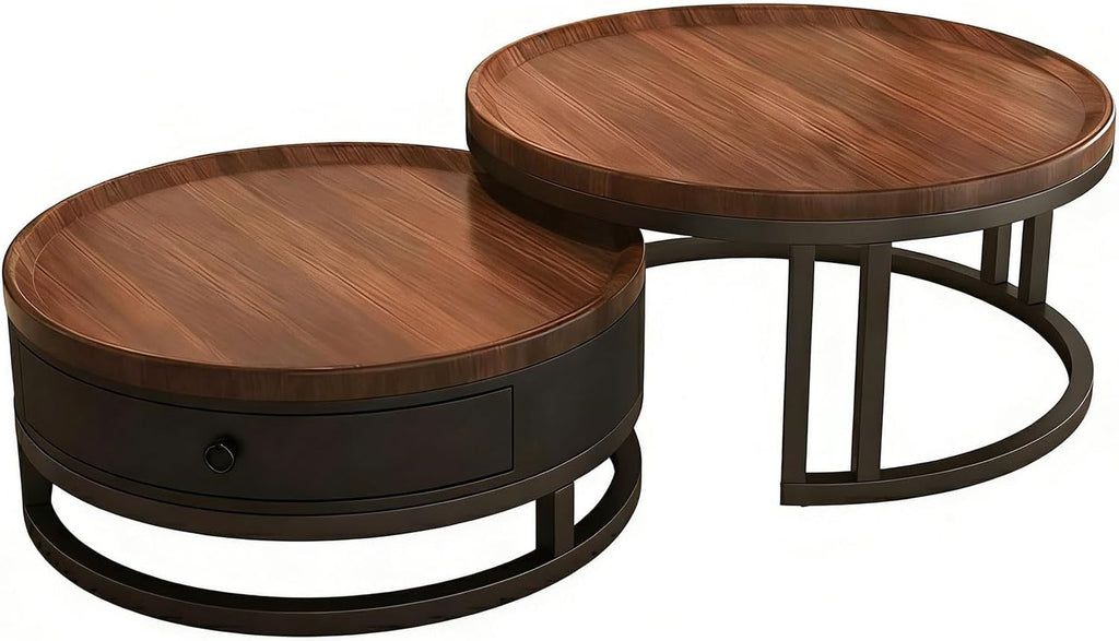 Couchtisch 2er Set rund mit Schublade, Satztische in Walnussoptik, Wohnzimmertisch mit Metallrahmen und Stauraum