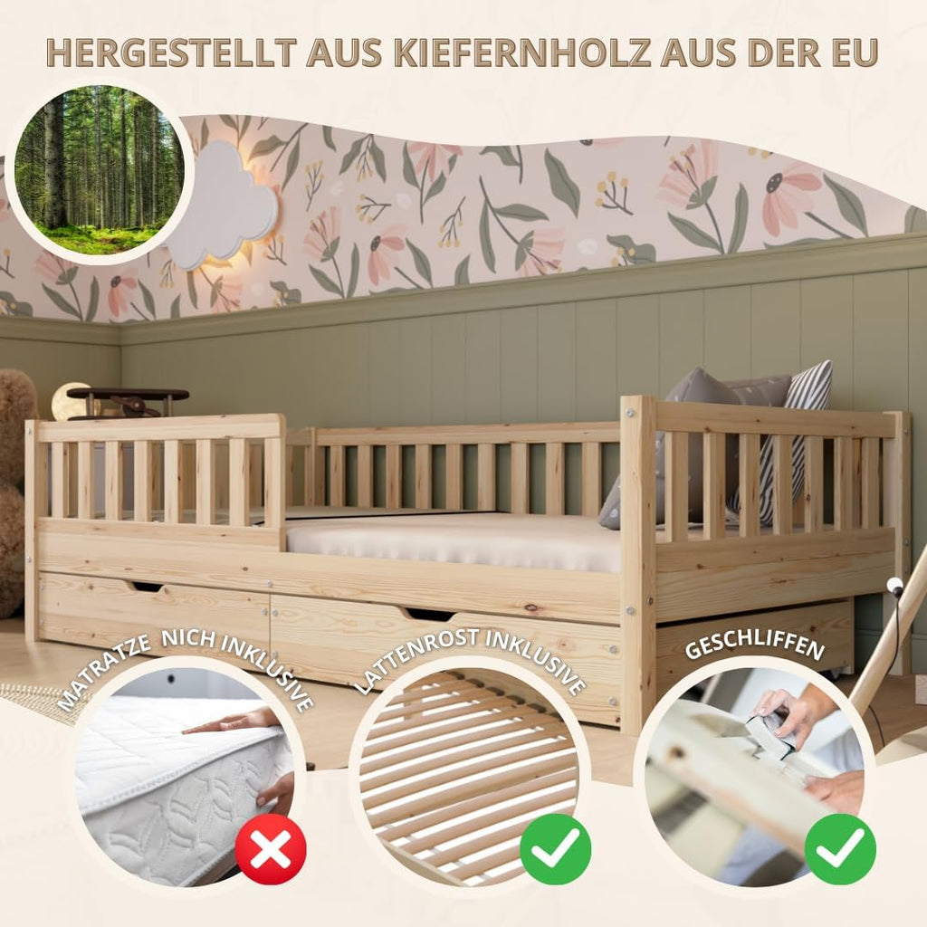 Crazy Pine Montessori Bodenbett Kinderbett aus Massivholz mit Schublade & Rausfallschutz – Skandinavisches Kinderbett