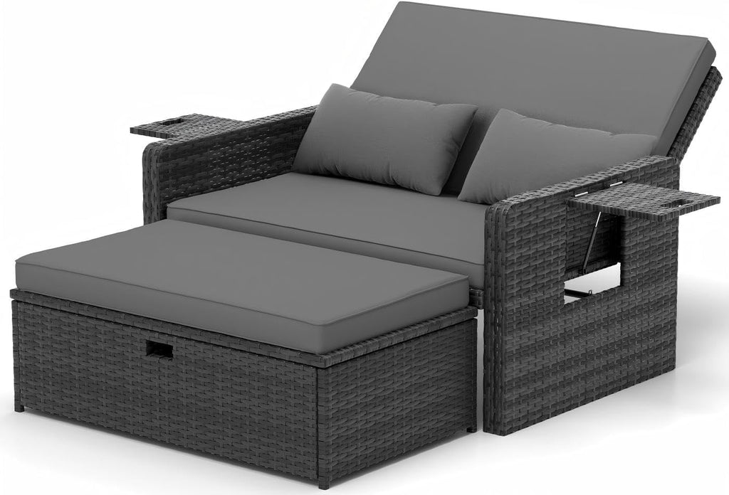 UDPATIO Rattan Lounge Sofa 2-Sitzer Grau mit Hocker & Stauraum, verstellbare Rückenlehne, Gartenmöbel Set aus PE-Rattan für Balkon & Terrasse