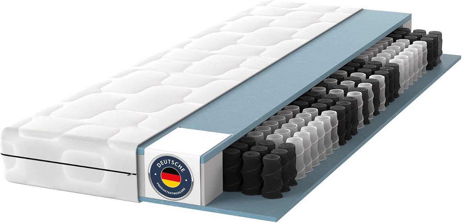 BMM Ortho Medic Taschenfederkernmatratze 90x200 H3 – 7 Zonen Federkernmatratze 21 cm hoch, ergonomisch & rückenschonend, atmungsaktiv, Öko-Tex