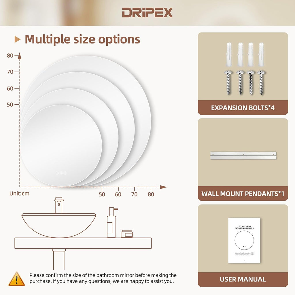 Dripex Badezimmerspiegel Led Badspiegel Rund, Touch-Schalter, Dimmbar, 3 Lichtfarbe Einstellbare Spiegel Bad mit Beleuchtung, LED Wandspiegel mit