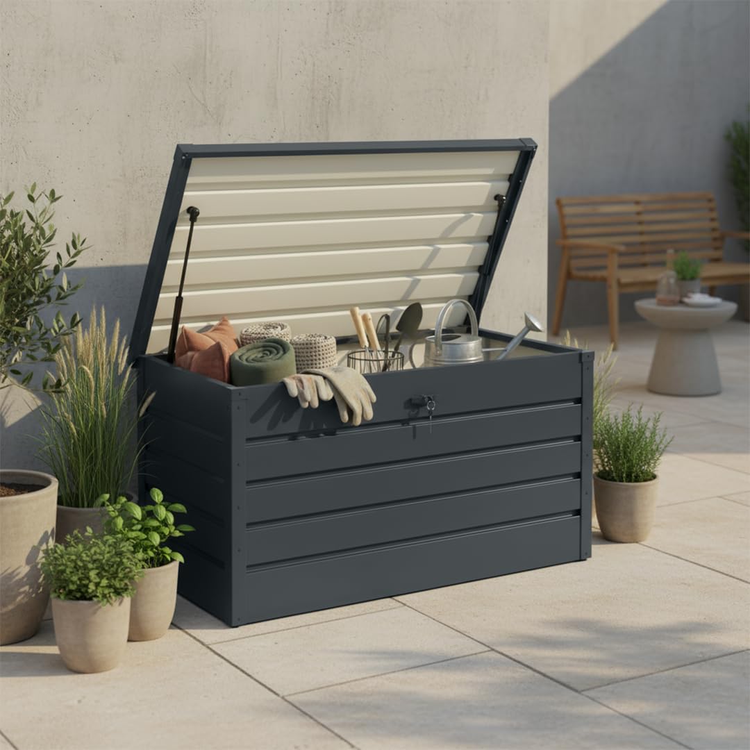 STEELSØN Dorado Gartenbox Metall Anthrazit – Wasserdichte Auflagenbox abschließbar mit Deckel & Gasdruckfeder