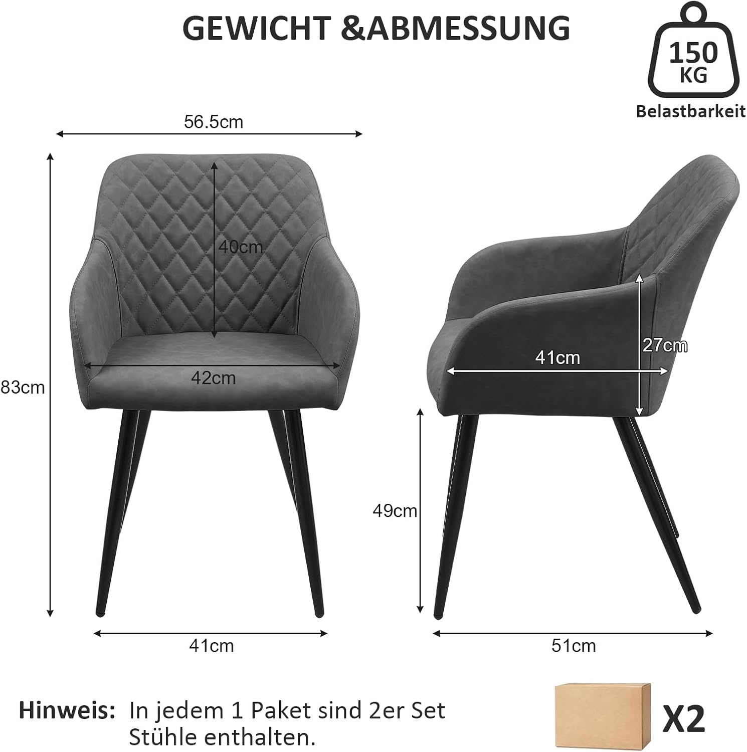 CLIPOP Esszimmerstühle 4er Set, Küchenstühle Grau Kunstlederstoff stühle Polsterstühle mit Armlehne Metallbeine Polstersessel Stühle für Esszimmer