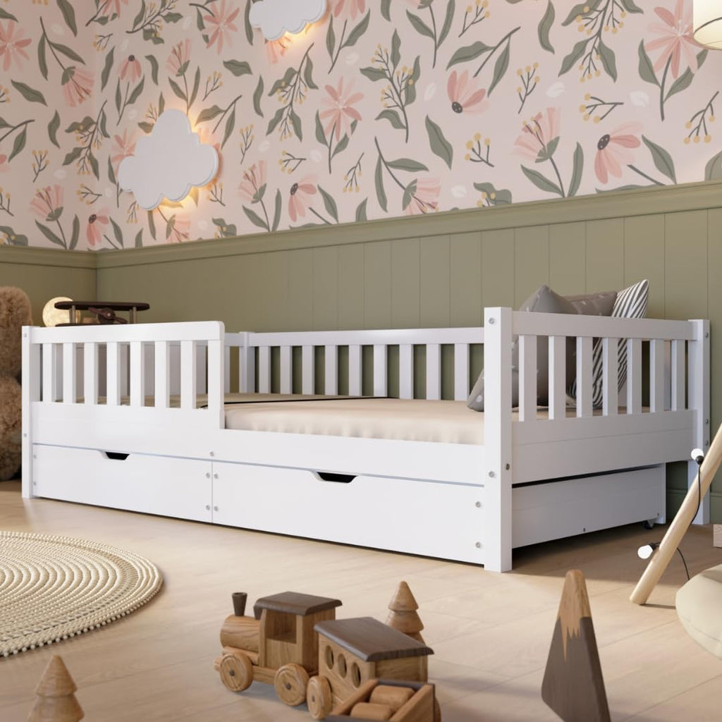 Crazy Pine Montessori Bodenbett Kinderbett aus Massivholz mit Schublade & Rausfallschutz – Skandinavisches Kinderbett