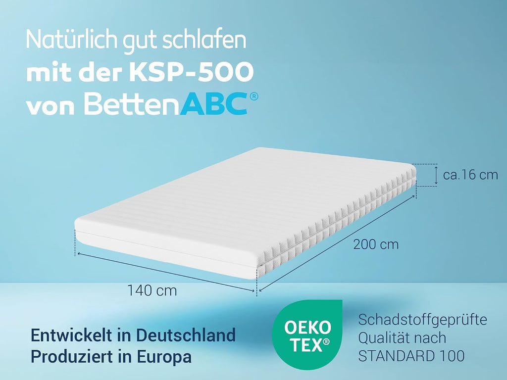 BettenABC KSP-500 Matratze 140x200 cm H3 – 7-Zonen Kaltschaummatratze 16 cm, hypoallergen & antibakteriell, OEKO-TEX, waschbarer Bezug