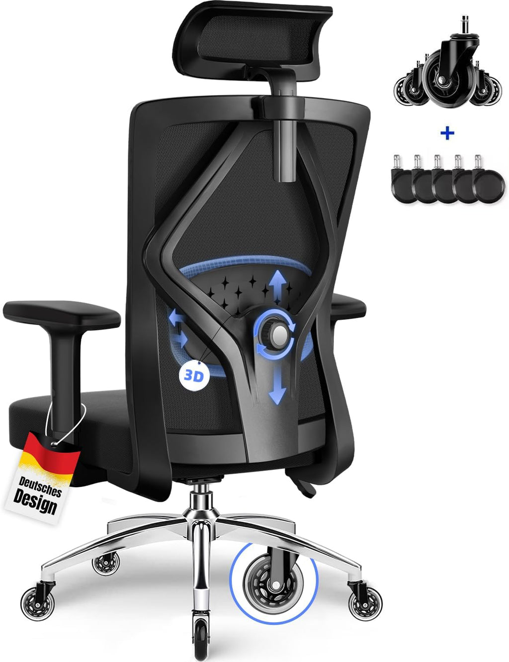 Daccormax Bürostuhl, Bürostuhl Ergonomisch Schreibtischstuhl mit Verstellbaren Armlehnen, Kopfstütze und weiche Lendenstütze aus Naturschwamm
