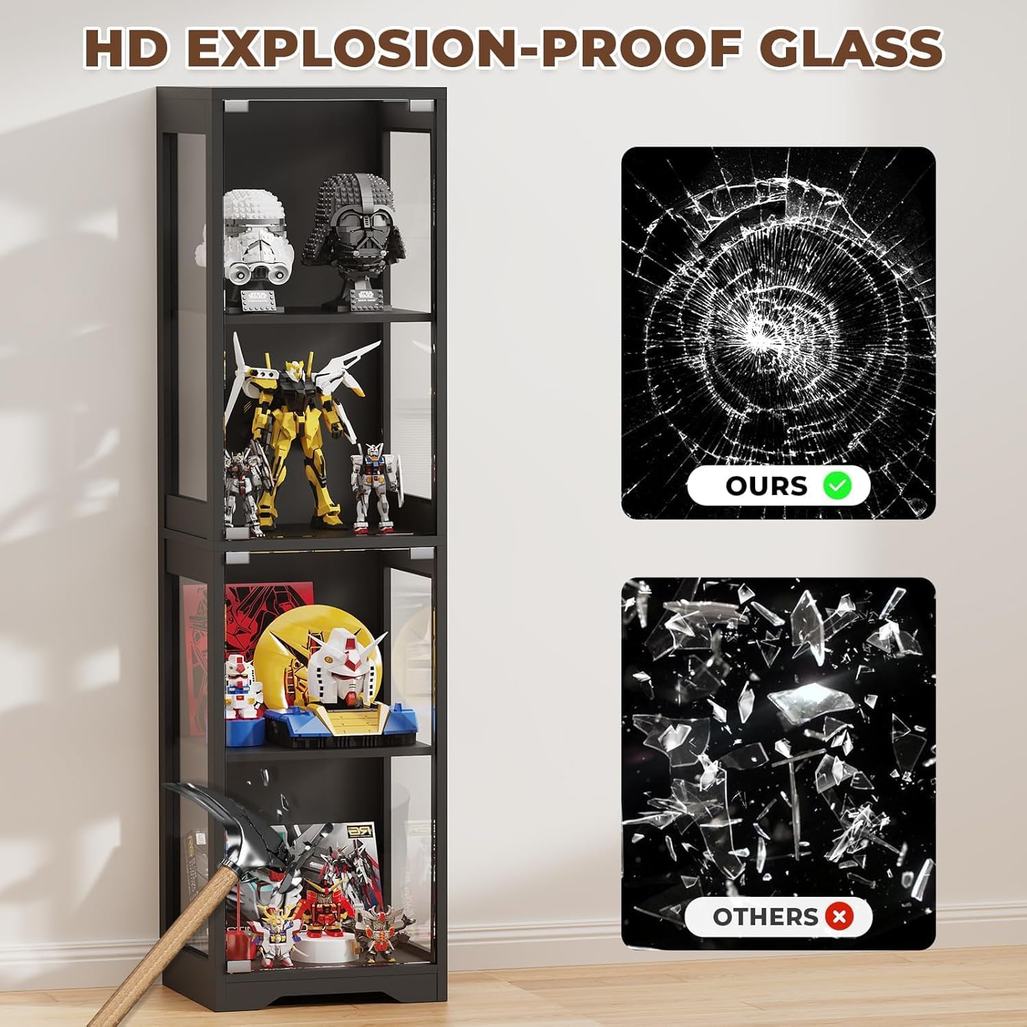 BROTTAR Glasvitrine mit Dreifarbig LED Beleuchtung und Glastüren, Glasvitrine Stehend mit Körpersensor-System, Sammlervitrine für Wohnzimmer, Büro