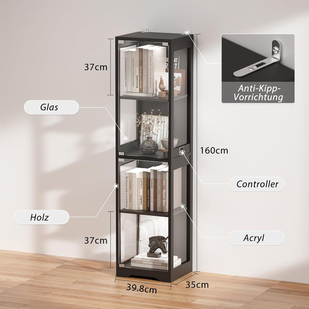BROTTAR Glasvitrine mit Dreifarbig LED Beleuchtung und Glastüren, Glasvitrine Stehend mit Körpersensor-System, Sammlervitrine für Wohnzimmer, Büro