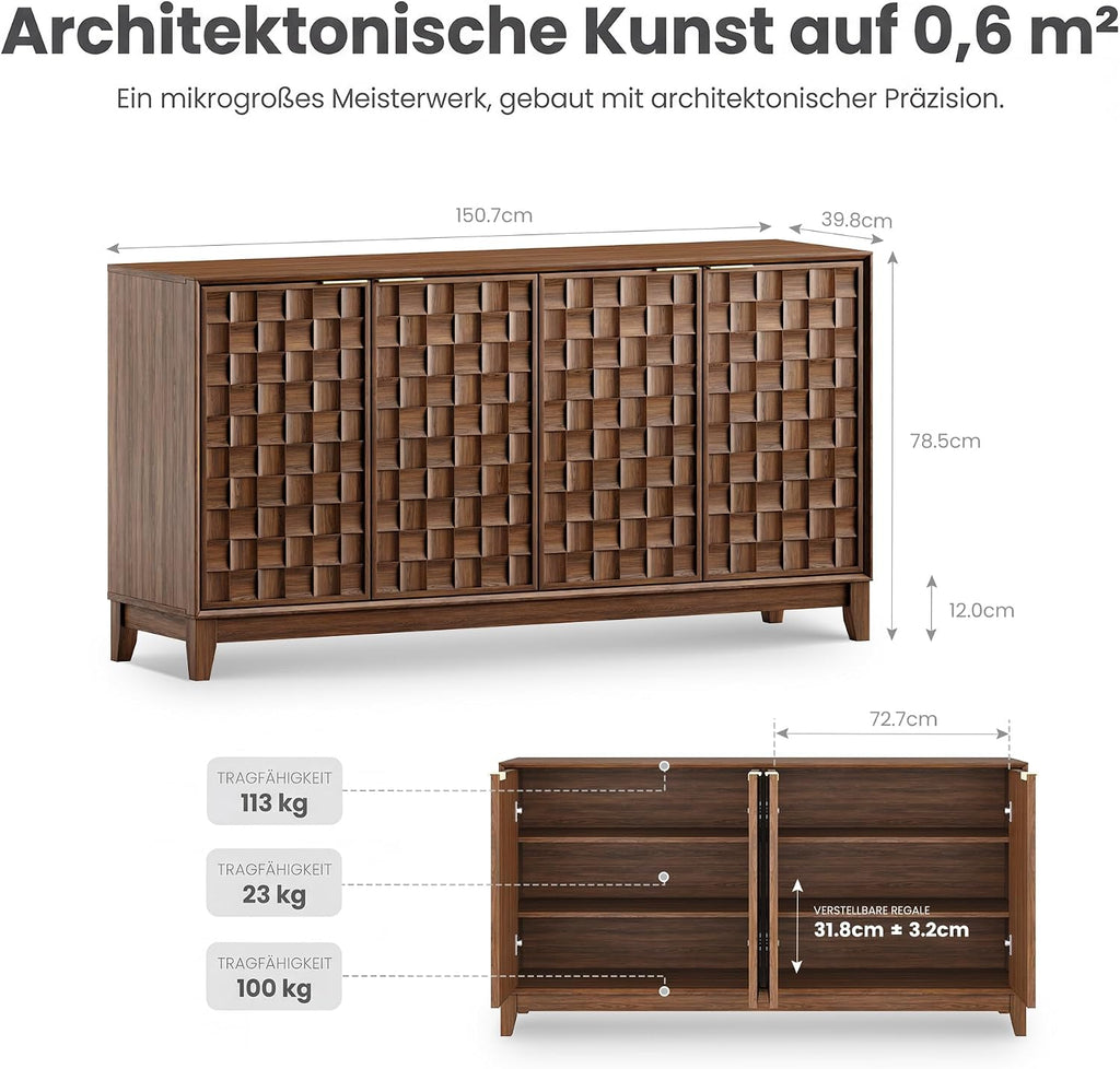 COLAMY Sideboard 150 cm Holz mit Stauraum – Modernes Sideboard für Wohnzimmer, Küchenschrank mit verstellbaren Einlegeböden, Buffet Schrank mit 3D