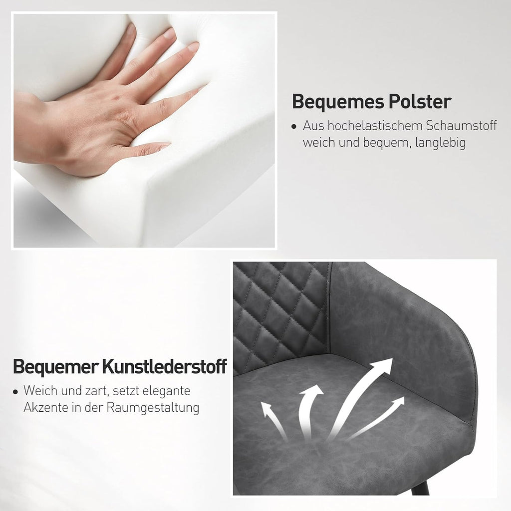 CLIPOP Esszimmerstühle 4er Set, Küchenstühle Grau Kunstlederstoff stühle Polsterstühle mit Armlehne Metallbeine Polstersessel Stühle für Esszimmer