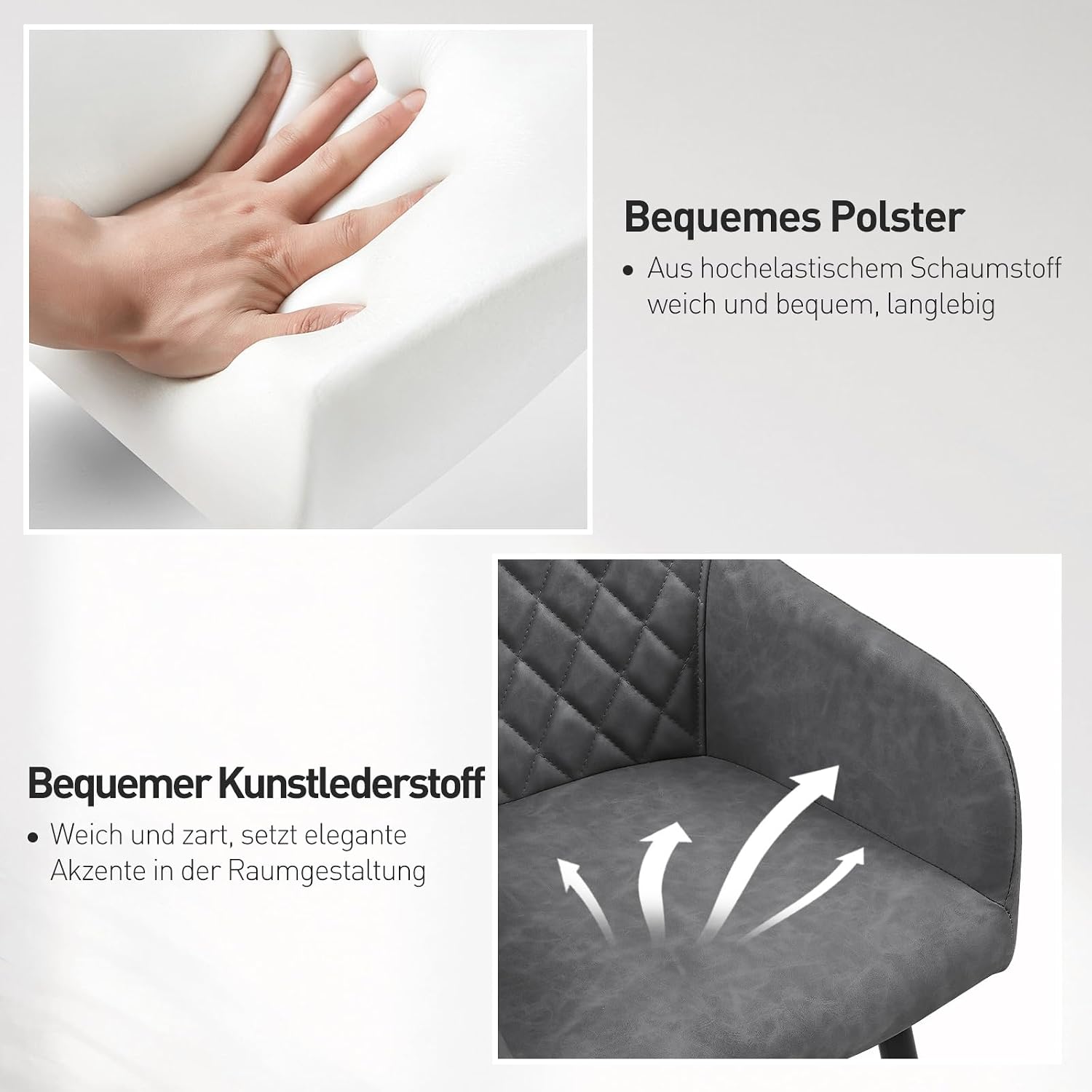 CLIPOP Esszimmerstühle 4er Set, Küchenstühle Grau Kunstlederstoff stühle Polsterstühle mit Armlehne Metallbeine Polstersessel Stühle für Esszimmer