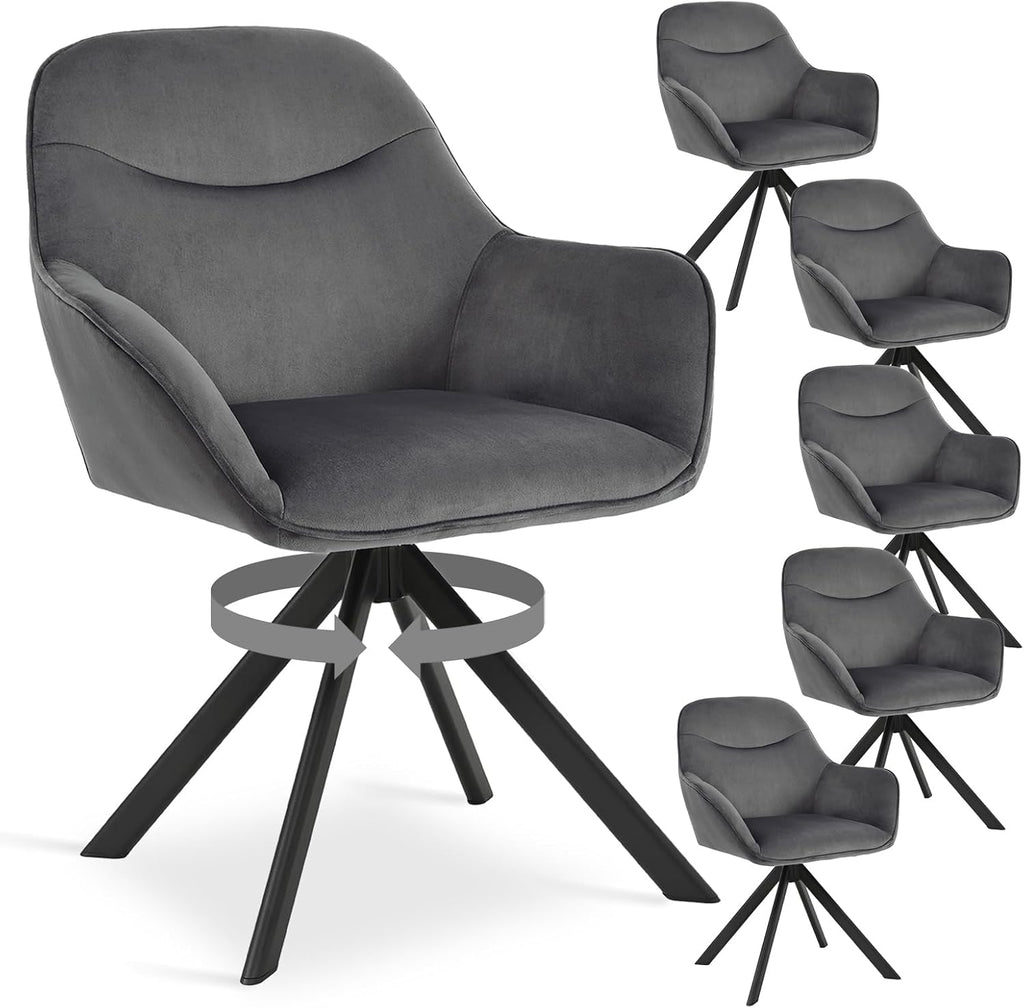 6er Set Esszimmerstühle Drehbar mit Armlehne, 360° Drehstuhl Polsterstuhl Samt Modern Küchenstuhl mit Metallbeine für Esszimmer, Wohnzimmer, Büro