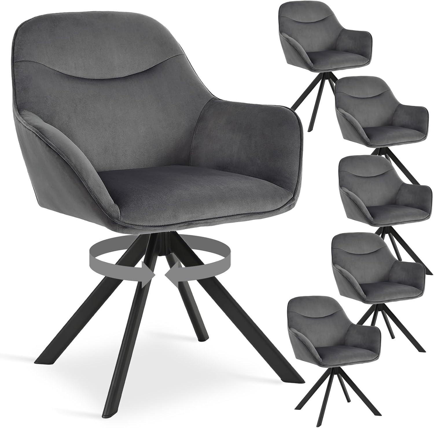 6er Set Esszimmerstühle Drehbar mit Armlehne, 360° Drehstuhl Polsterstuhl Samt Modern Küchenstuhl mit Metallbeine für Esszimmer, Wohnzimmer, Büro