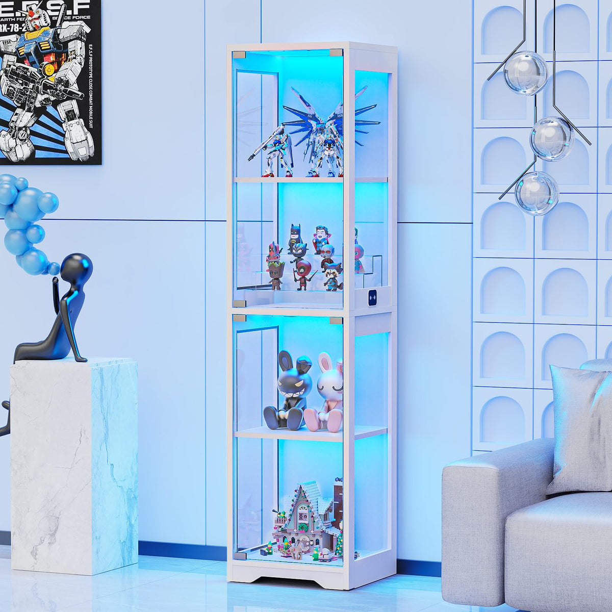 BROTTAR Beleuchtete Glasvitrine mit LED Sensor, moderner Vitrinenschrank & Standvitrine, 4 Etagen Sicherheitsglas Vitrine für Lego, Figuren und