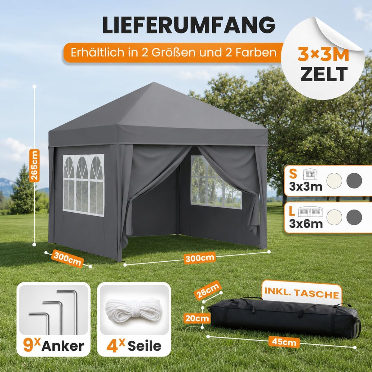 NATURIZ® Pavillon 3x3 Wasserdicht Stabil und UV 50+ Schutz - Faltpavillon mit Seitenwänden - Pop Up Zelt für Garten, Camping, Marktstand & Partyzelt