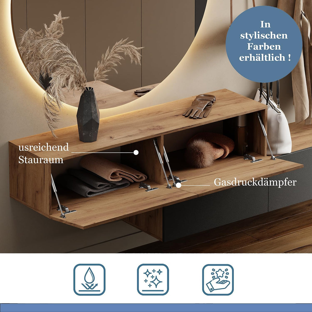 Planetmöbel Garderobe Flur mit Stauraum, Wandgarderobe mit 2 Klappen, Dielenschrank aus Holzwerkstoff Gold Eiche/Anthrazit