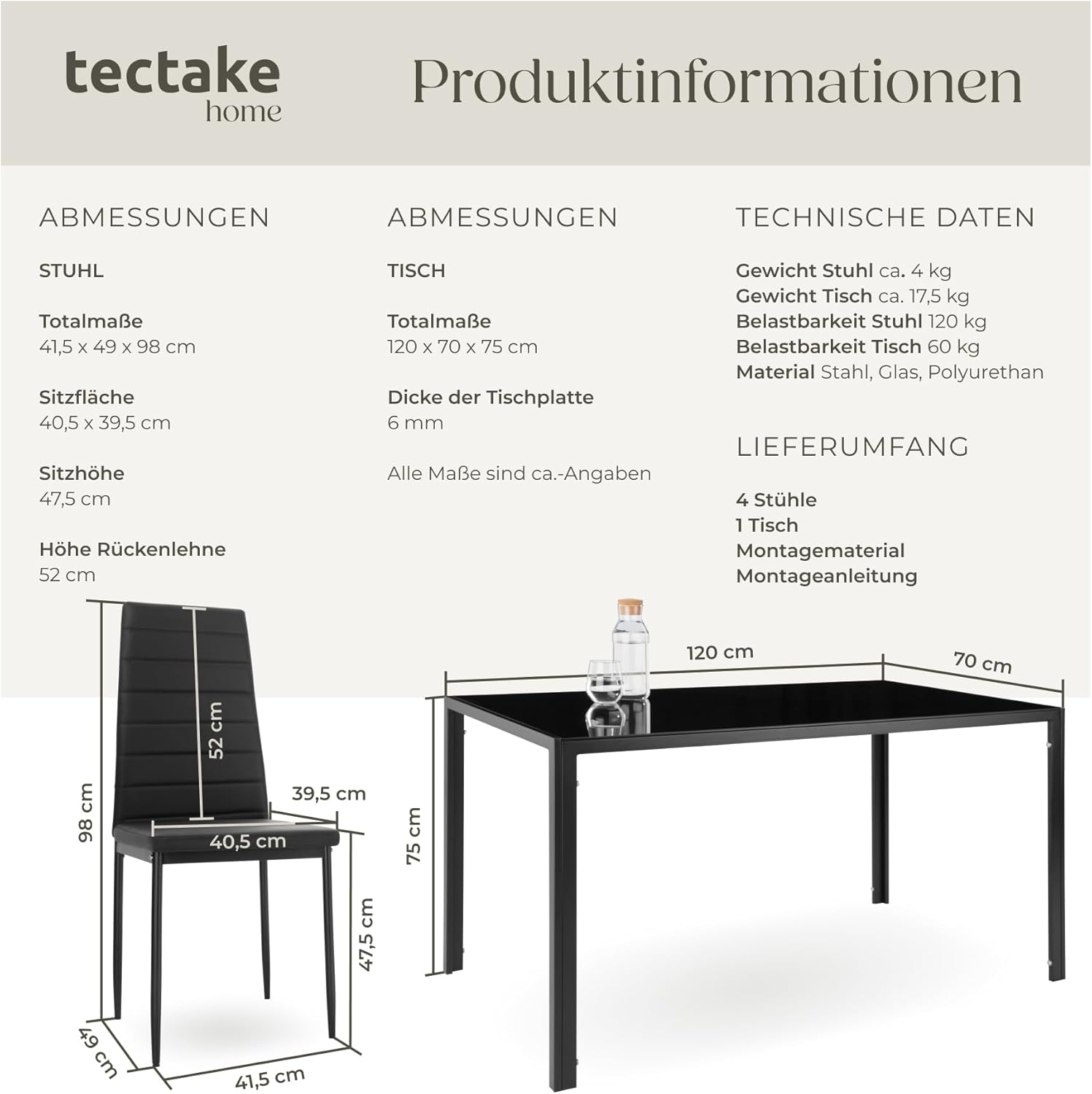 tectake Essgruppe Set Tisch und Stühle, Esstisch und 4X Stuhl, strapazierfähiges Kunstleder, Tischplatte aus Sicherheitsglas, Küchenstühle modern