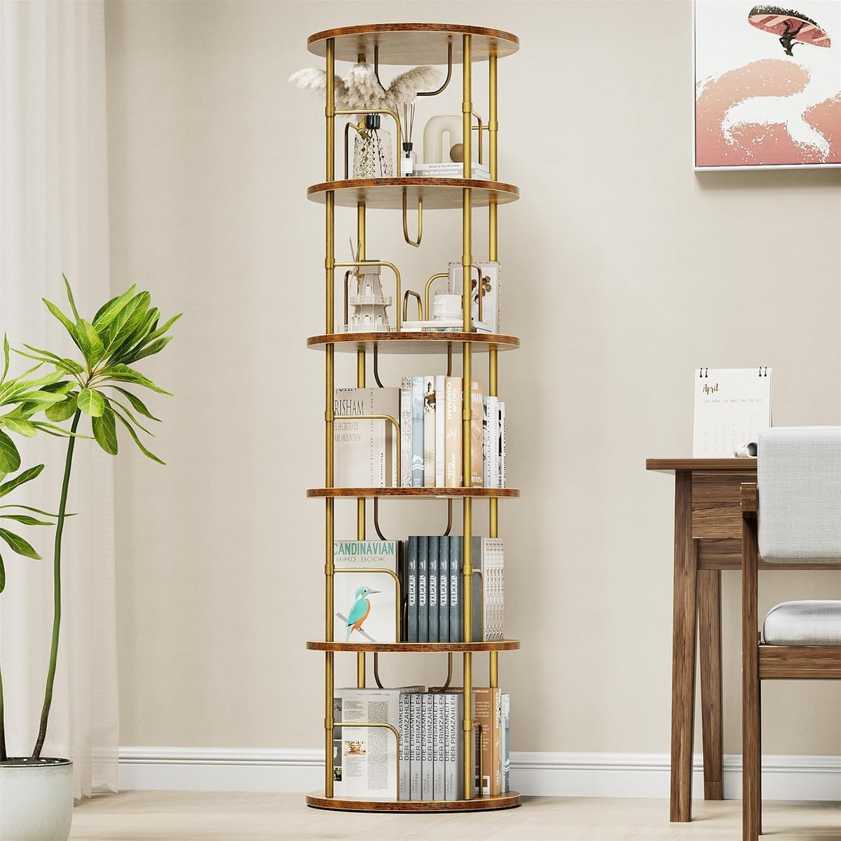 360° drehbares Bücherregal mit 5 Ebenen, Standregal aus MDF & Metall, rundes Regal für bis zu 100 Bücher