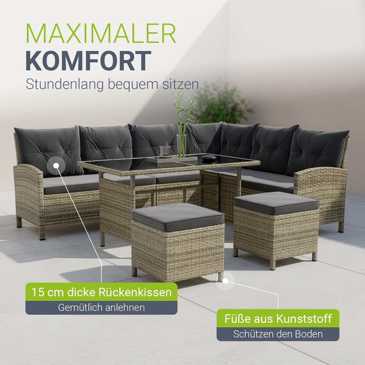 Juskys Gartenlounge Polyrattan Grau, Ecksofa mit Tisch & 2 Hockern, Gartenmöbel Set für 7 Personen, wetterfest
