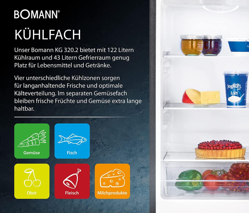 Bomann® Kühlschrank mit Gefrierfach | Energieklasse E | 143cm | Kühl Gefrierkombination leise 39 dB | 3 Ablagen & 3 Schubladen | Türanschlag