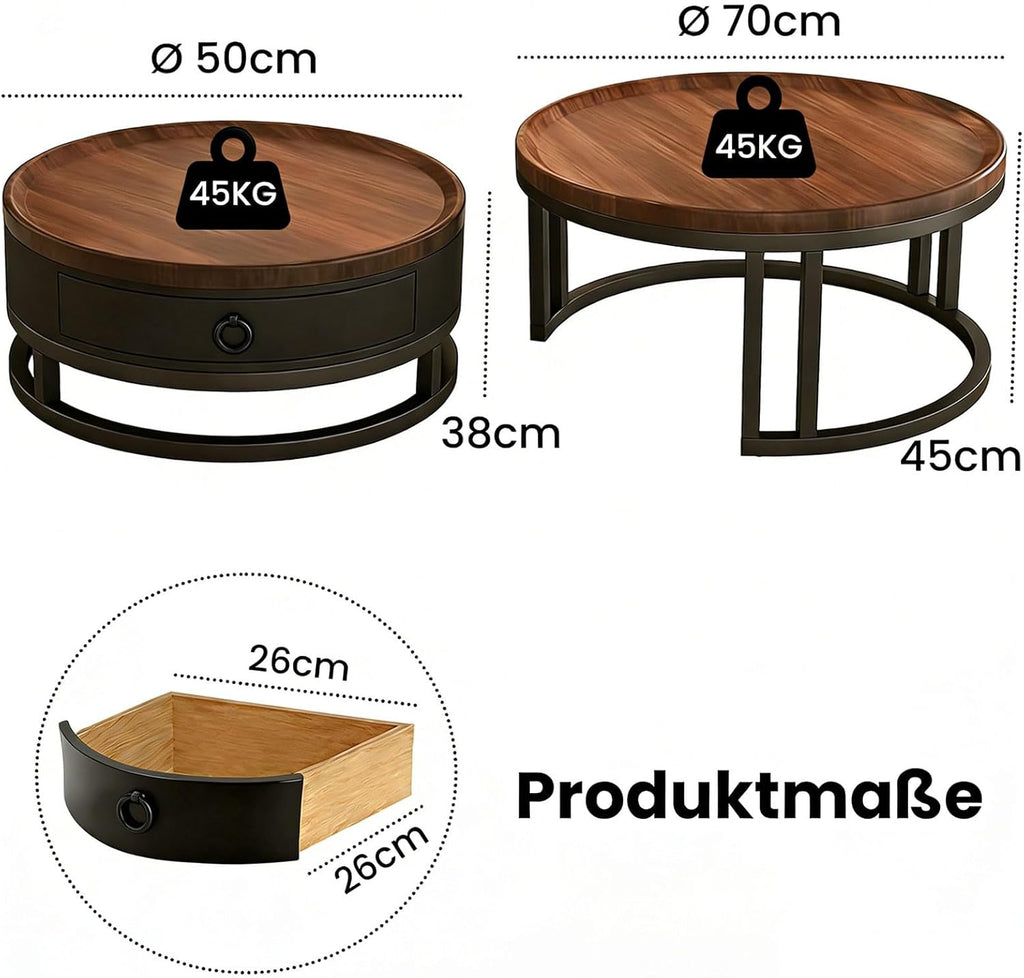 Couchtisch 2er Set rund mit Schublade, Satztische in Walnussoptik, Wohnzimmertisch mit Metallrahmen und Stauraum