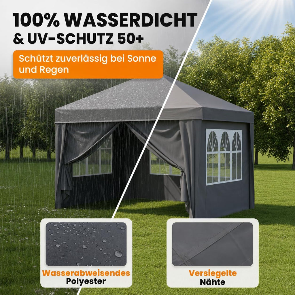 NATURIZ® Pavillon 3x3 Wasserdicht Stabil und UV 50+ Schutz - Faltpavillon mit Seitenwänden - Pop Up Zelt für Garten, Camping, Marktstand & Partyzelt