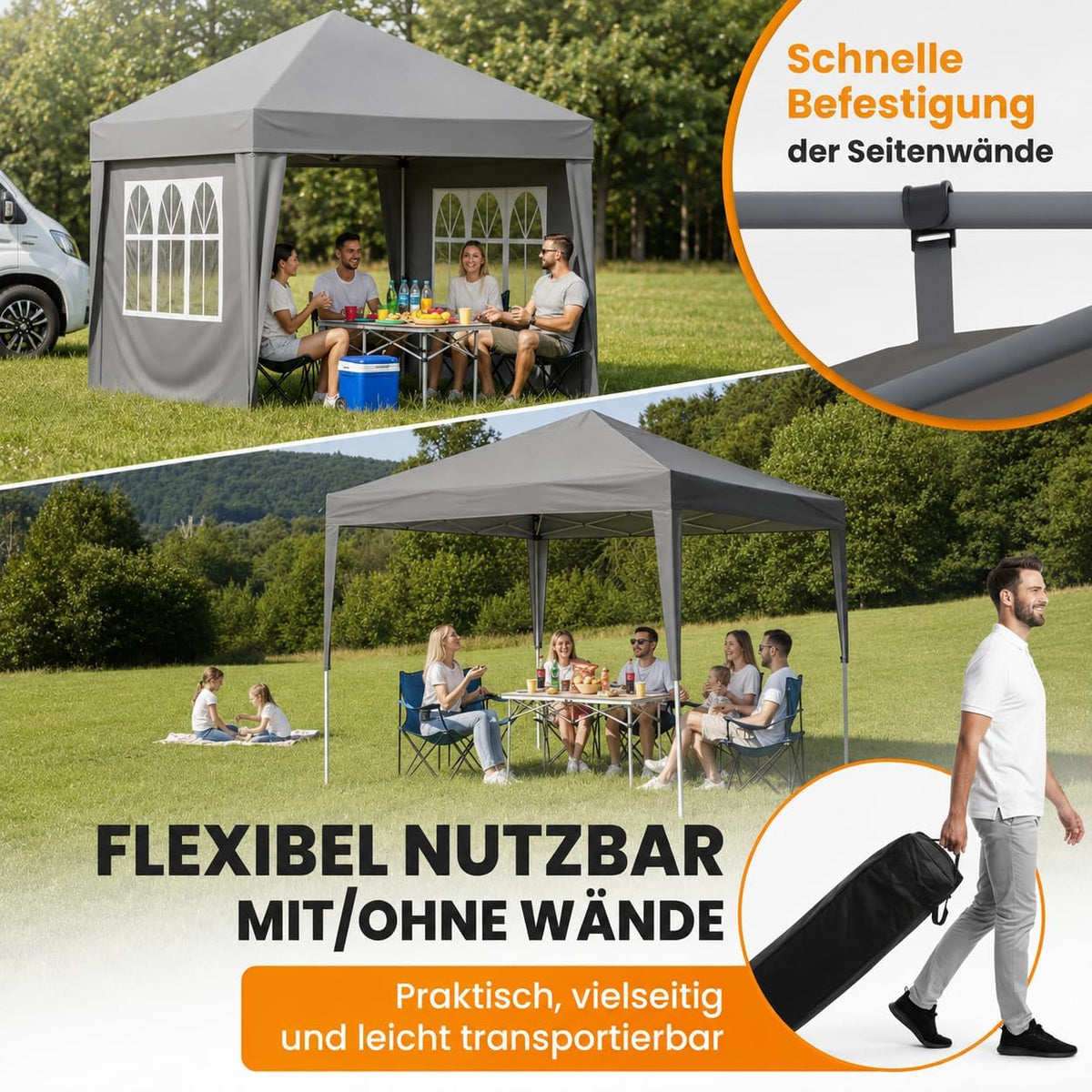 NATURIZ® Pavillon 3x3 Wasserdicht Stabil und UV 50+ Schutz - Faltpavillon mit Seitenwänden - Pop Up Zelt für Garten, Camping, Marktstand & Partyzelt