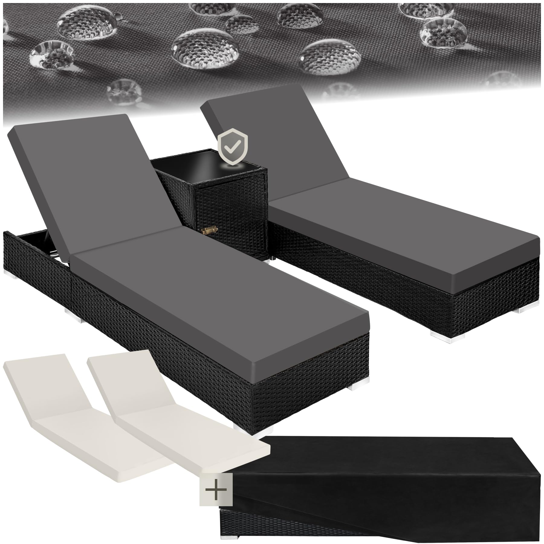 tectake 2er Gartenliegen Set mit Tisch – Polyrattan Sonnenliegen aus Aluminium, 5-fach verstellbar, mit Schutzhüllen