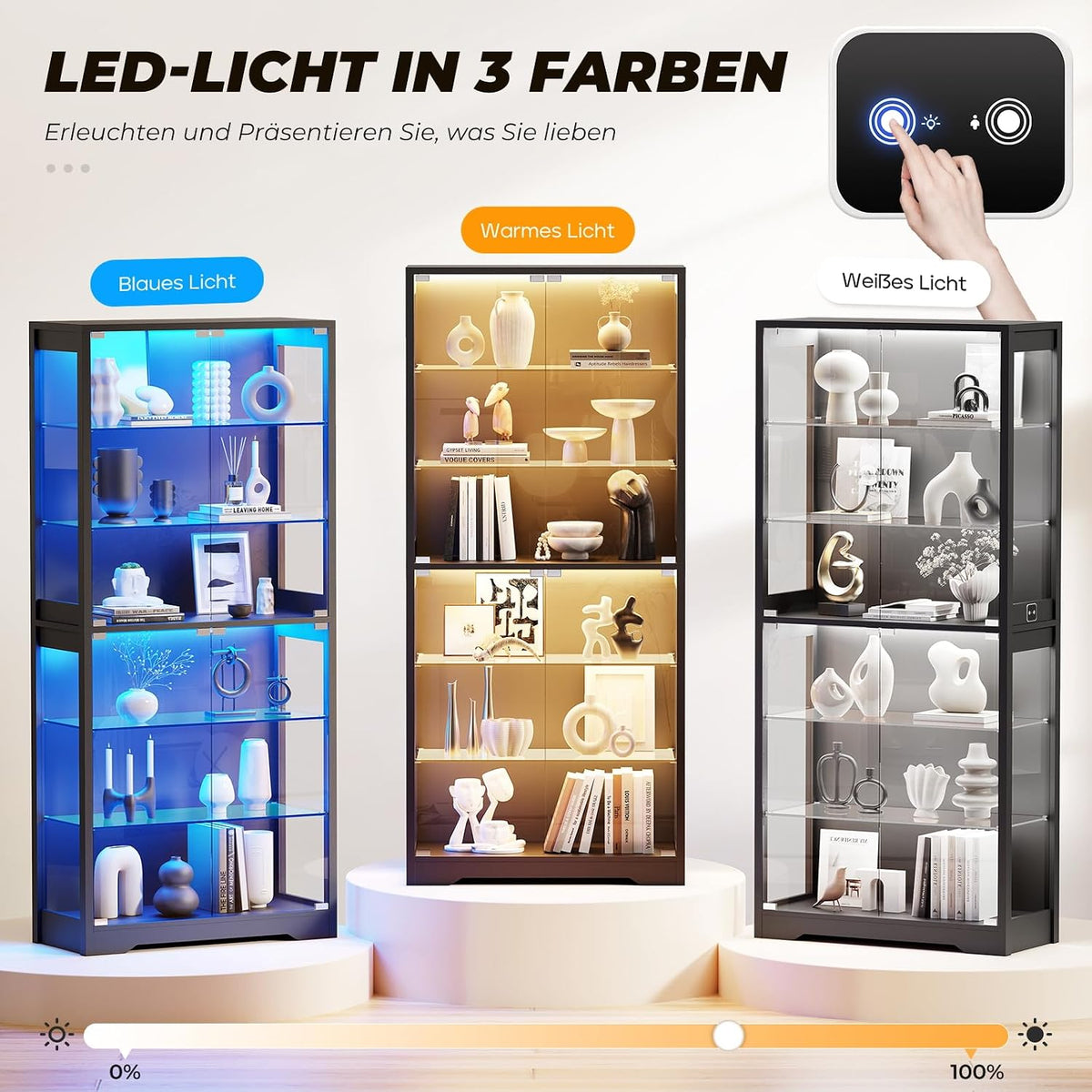 BROTTAR Vitrine mit Glastür, 6-stufige 180cm Vitrine mit 3 Farblichten für Sammlerstücke, Vitrine mit verstellbaren Glasträgern, Körperkensorsensor