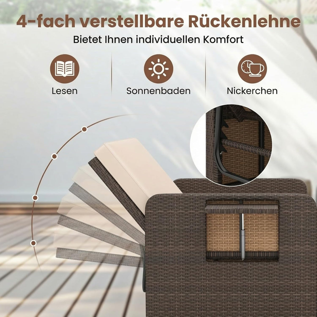 GIANTEX Rattan Lounge Gartenmöbel Set 2-Sitzer mit Doppelliege & Hocker, Outdoor Sofa mit Stauraum, verstellbar für Balkon & Terrasse