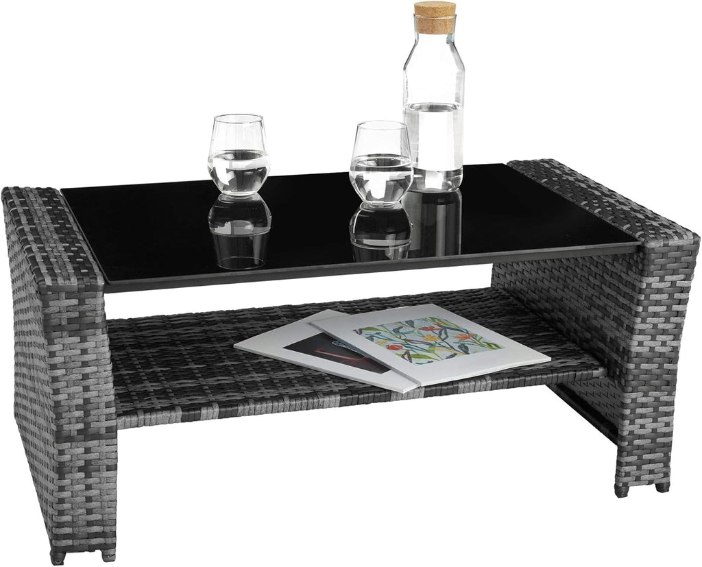 tectake Polyrattan Gartenmöbel Set 4 Personen mit Hocker & Auflagenbox – Garten Lounge Set mit Sofa, Tisch & Kissen für Balkon und Terrasse