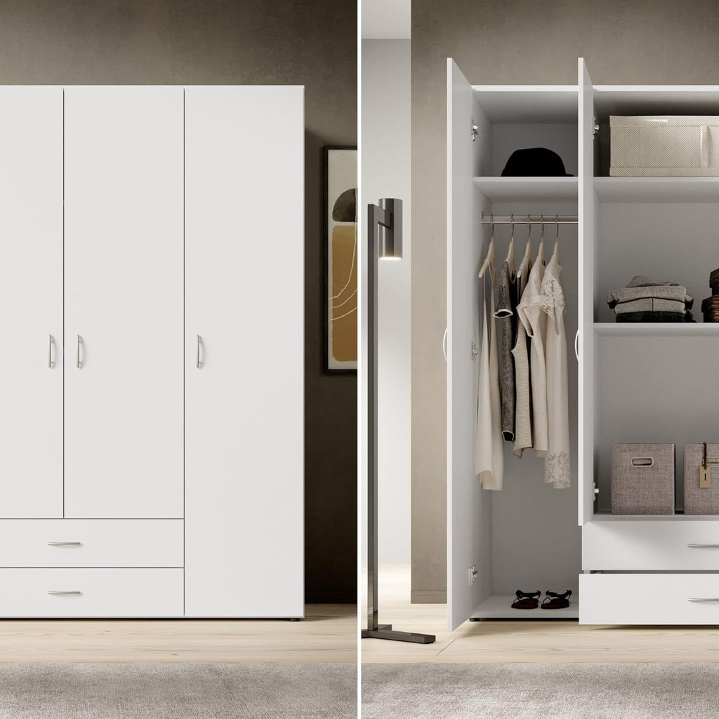 Stella Trading BASE Kleiderschrank Weiß, Drehtürenschrank mit Kleiderstange & verstellbaren Einlegeböden, mehrere Größen