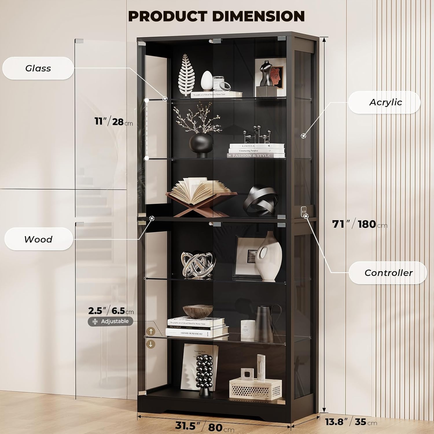 BROTTAR Vitrine mit Glastür, 6-stufige 180cm Vitrine mit 3 Farblichten für Sammlerstücke, Vitrine mit verstellbaren Glasträgern, Körperkensorsensor