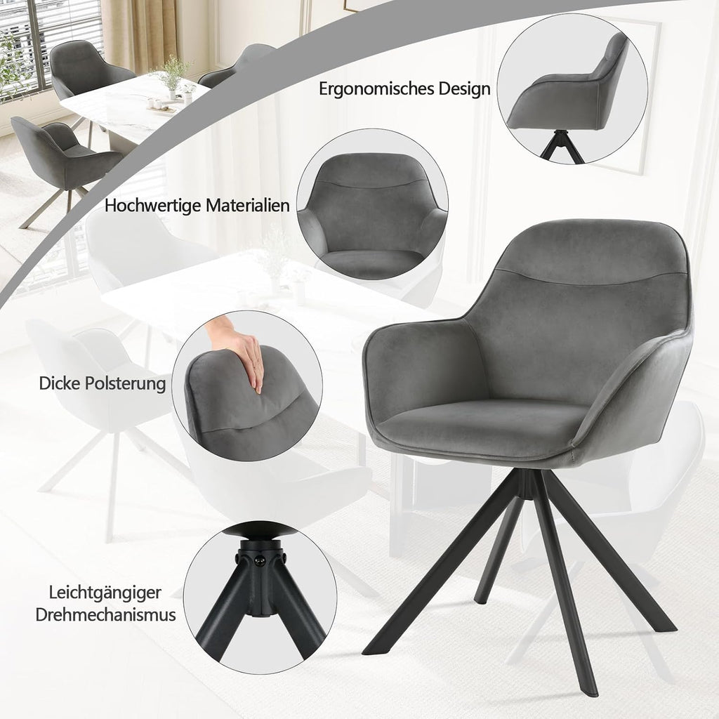 6er Set Esszimmerstühle Drehbar mit Armlehne, 360° Drehstuhl Polsterstuhl Samt Modern Küchenstuhl mit Metallbeine für Esszimmer, Wohnzimmer, Büro