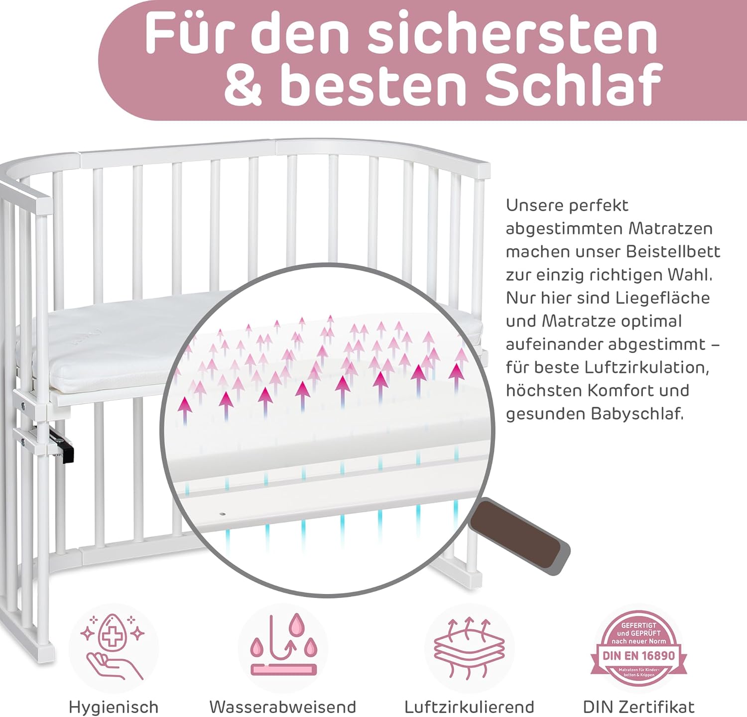 babybay Original Beistellbett aus massivem Buchenholz mit Matratze, höhenverstellbares Babybett für Neugeborene