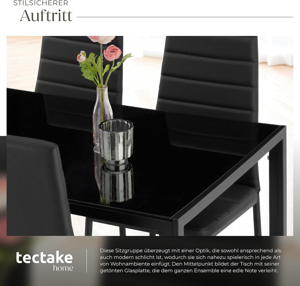 tectake Essgruppe Set Tisch und Stühle, Esstisch und 4X Stuhl, strapazierfähiges Kunstleder, Tischplatte aus Sicherheitsglas, Küchenstühle modern