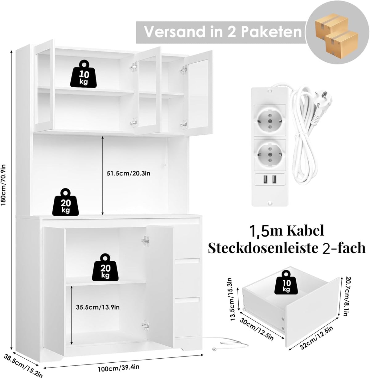 FirFurd Küchenschrank Weiß 180 cm mit LED & Steckdose – Buffetschrank mit Arbeitsplatte, Glastüren & 3 Schubladen