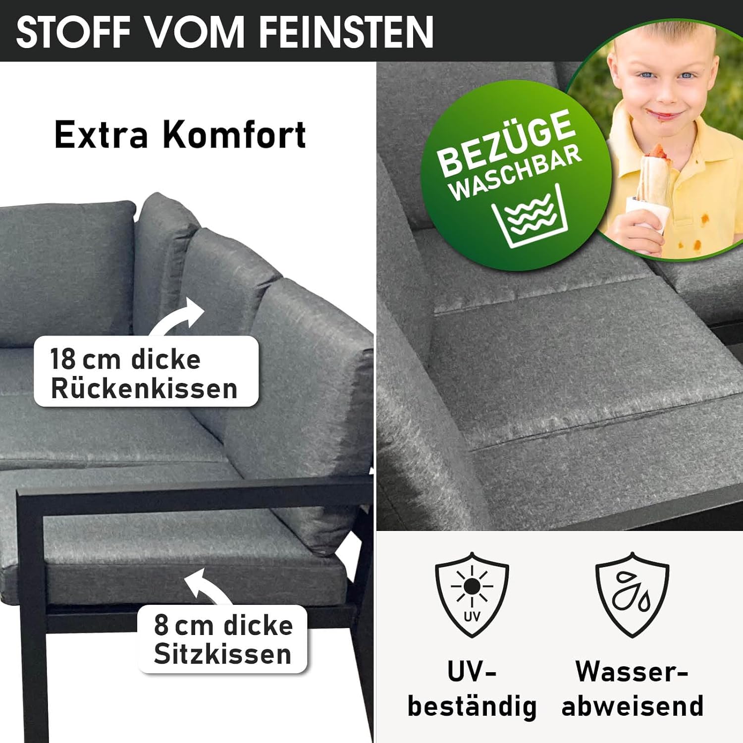 BRAST Madrid Garten Lounge Set 11 Personen Hellgrau – U-Form Outdoor Sitzgruppe mit Esstisch, Sofa & Hockern, Wetterfest