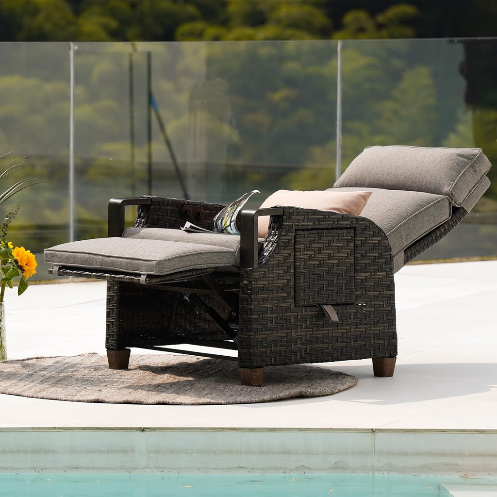 Grand patio Relaxliege Rattan Braun/Dunkelgrau, verstellbarer Liegesessel mit Sitzkissen & Beistelltisch, Garten & Terrasse