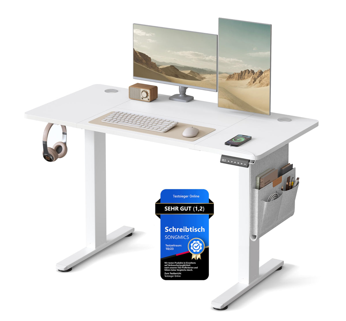 SONGMICS Höhenverstellbarer Schreibtisch 180x80 cm – Elektrischer Sitz-Steh-Schreibtisch mit USB, Organizer & Haken, Vintagebraun