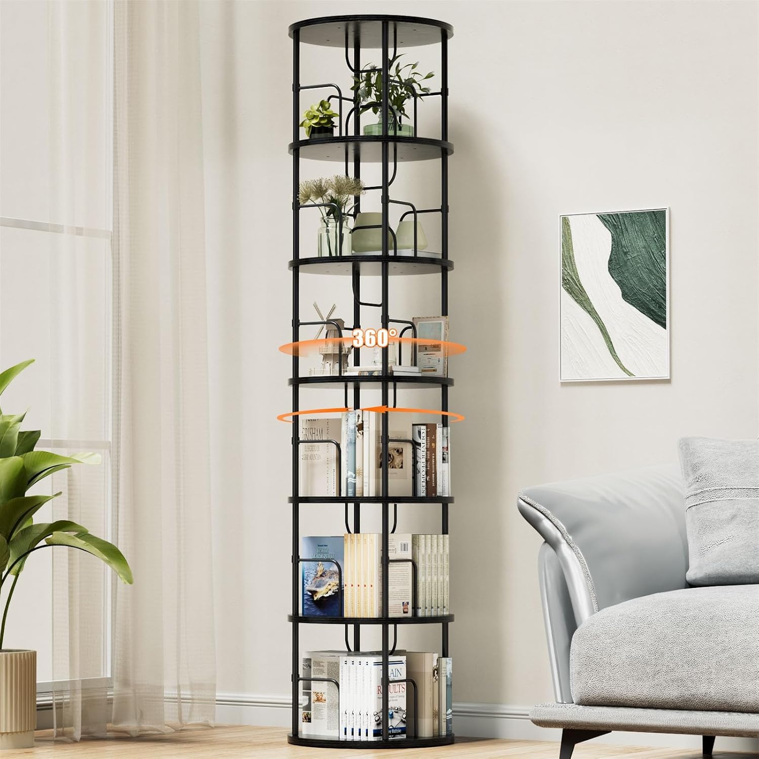 360° drehbares Bücherregal mit 5 Ebenen, Standregal aus MDF & Metall, rundes Regal für bis zu 100 Bücher