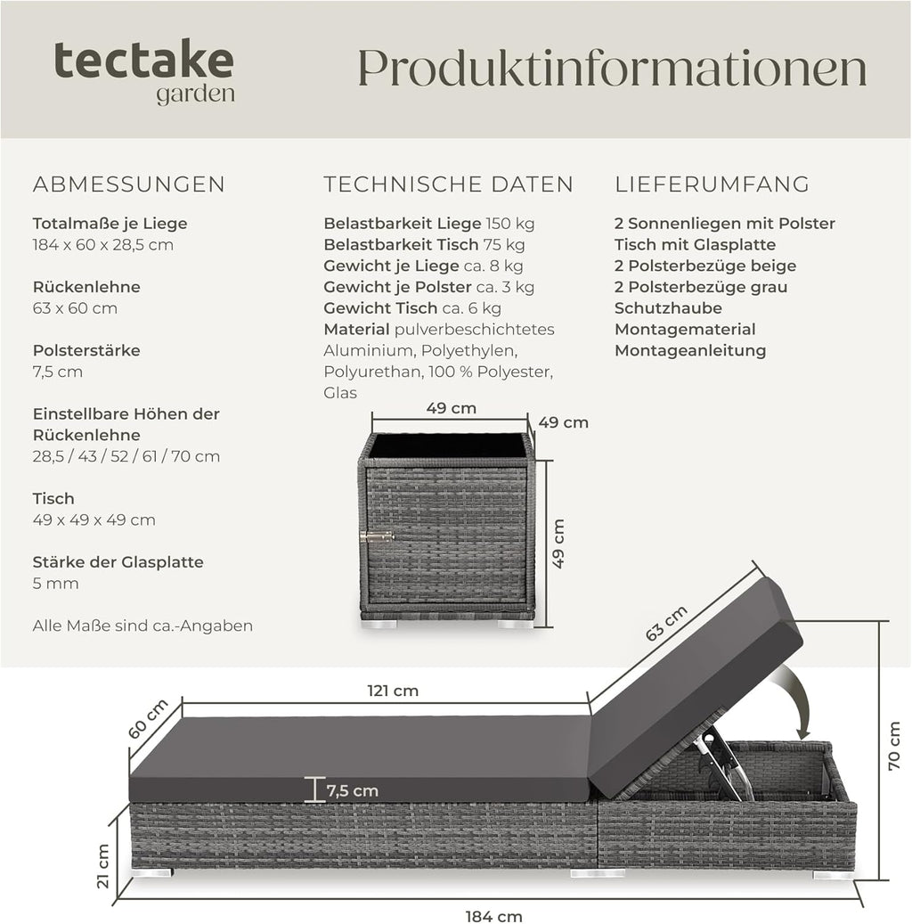 tectake 2er Gartenliegen Set mit Tisch – Polyrattan Sonnenliegen aus Aluminium, 5-fach verstellbar, mit Schutzhüllen