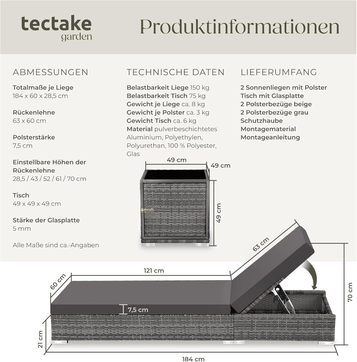 tectake 2er Gartenliegen Set mit Tisch – Polyrattan Sonnenliegen aus Aluminium, 5-fach verstellbar, mit Schutzhüllen